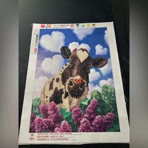 5D Cow with Butterfly on Nose and Lilacs  Diamond Painting Art- Completed